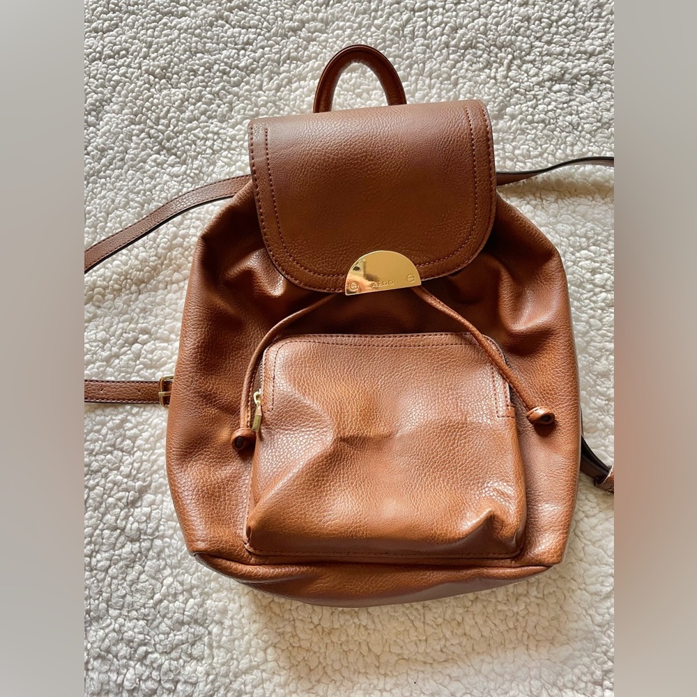 ALDO Drawstring Brown Backpack Adjustable Straps Snap Flap Closure - Picture 4 of 16